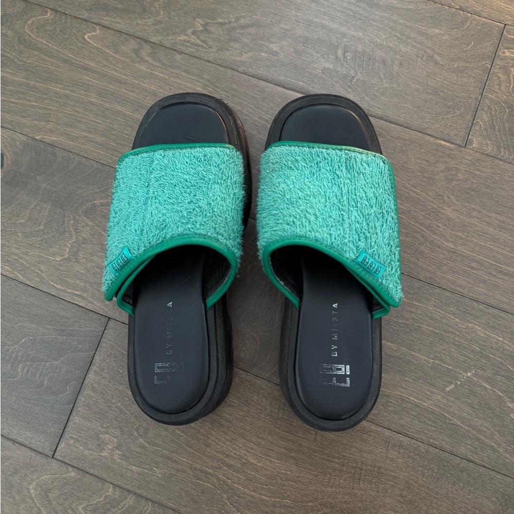E8 by Miista Verena Green Terrycloth Platform Sandals Mules